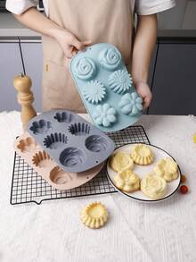 1个6孔硅胶花朵蛋糕模具，DIY布丁果冻冰块烘焙工具，慕斯巧克力模具，耐热不粘，适用于烤箱烘焙，生日派对节日活动 - 彩色 - 查看 12