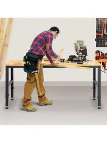 Adjustable Workbench, 48x20in Garage Table W/ 28.3in To 38.1in Heights & 2000lbs Load Capacity, Adjustable Working Table With Power Outlets & Hardwood Top & Metal Frame & Foot Pads, For Office Home Garage - Maple - Xem 1