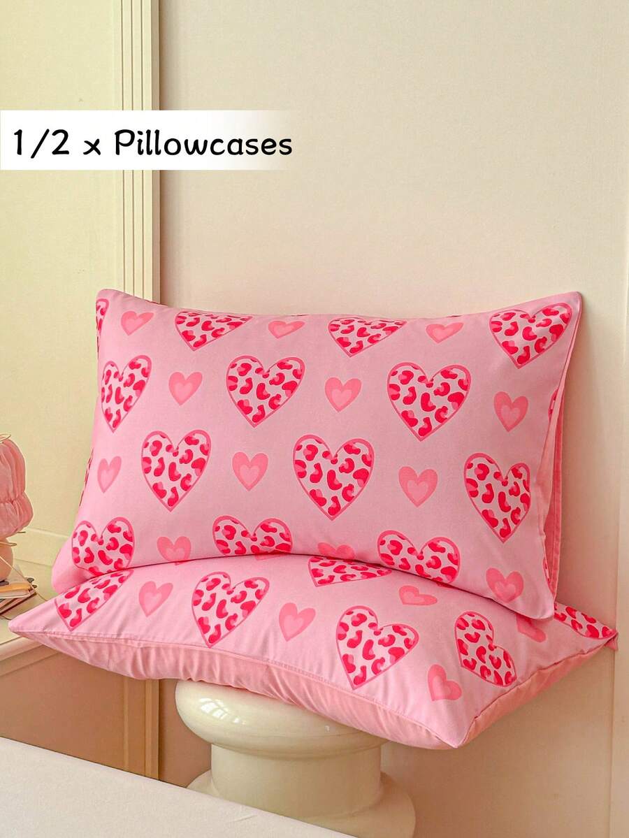 1/2 件装粉色豹纹爱心图案数码印花涤纶枕套，卡通可爱抱枕套，四季皆宜，柔软透气，可机洗，女士装饰抱枕套，不含枕芯 - 粉色 - 查看 1