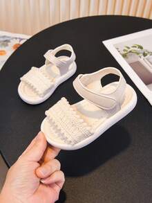 1 Pair Girls' Lace Trim Roman Sandals, Soft Sole Comfortable Casual Flat Beach Shoes, Summer - Beige - View 6