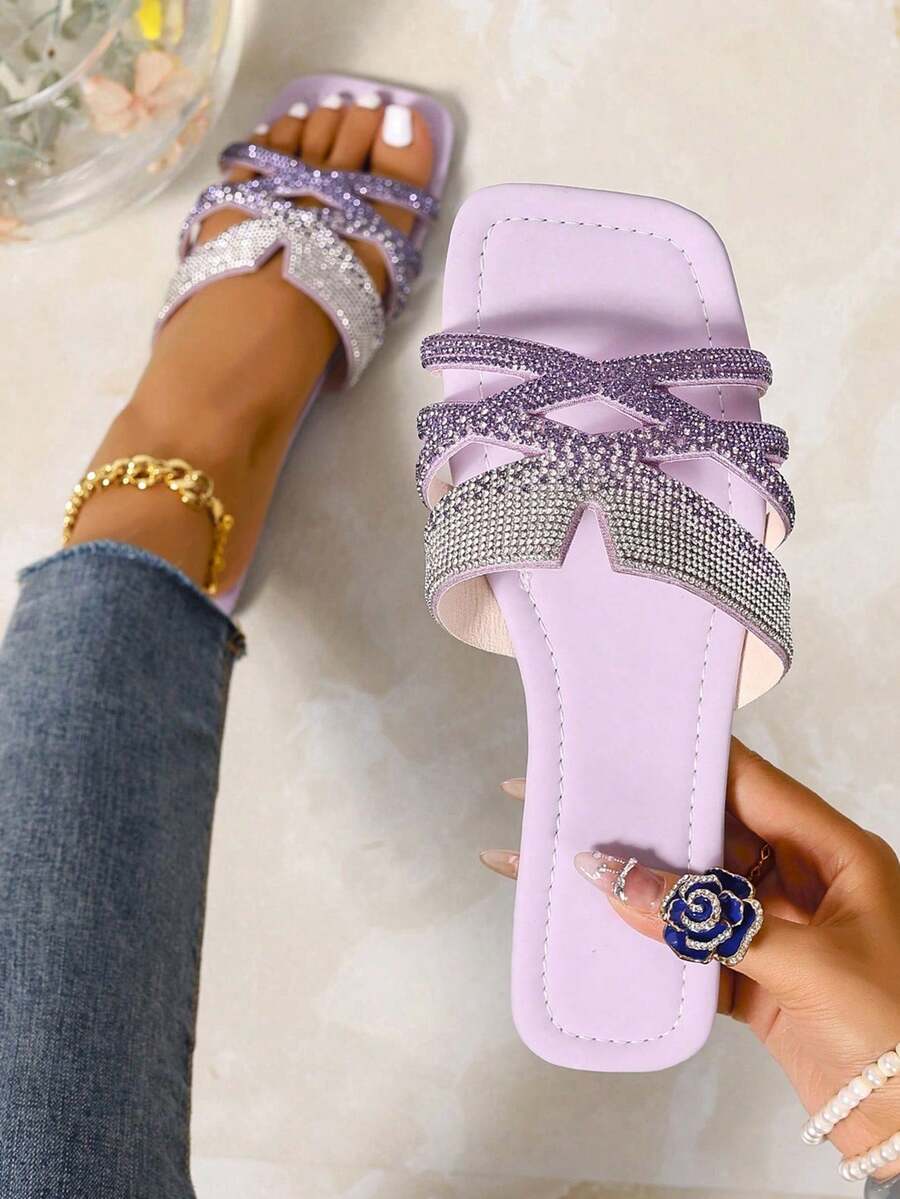新款春夏时尚休闲绑带凉鞋，舒适平底圆头沙滩拖鞋，百搭女士一脚蹬凉鞋 - 紫色 - 查看 1