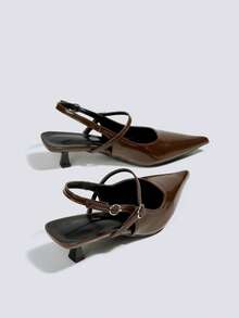 女士棕色高跟凉鞋，5厘米猫跟正式礼服鞋，派对及婚礼高跟鞋，无后跟套穿式高跟凉鞋 - 棕色 - 查看 5