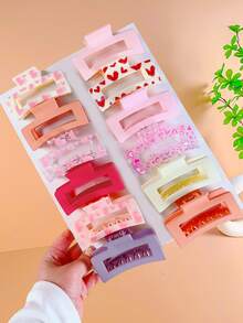 6/12pcs Multicolor Square Hair Clips, Heart Print Hair Accessories Set, Suitable For Girls Daily Wear, Birthday Party, Holiday Event, Beach, Or As A Beautiful Gift For Girlfriend And Best Friend - Multicolor - View 5