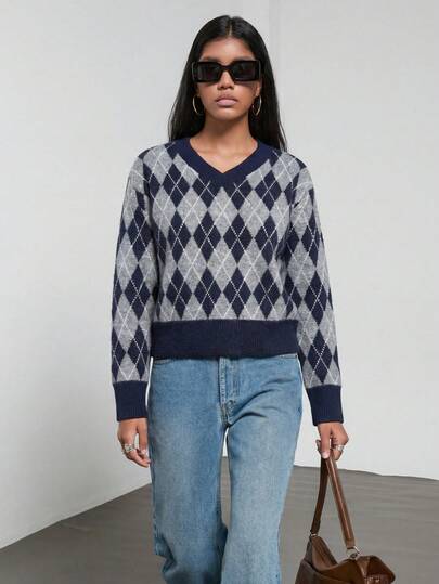 Se-Hore 2025 Women's Fashion Autumn/Winter New Arrival, Business Casual/Daily Commute/Comfortable Leisure/Street /Autumn Winter/Travel Vacation, Ins European And American Stylish V-Neck Long Sleeve Diamond Plaid Loose Knit Sweater