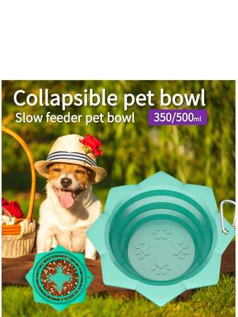 Pet Foldable Slow-Feeding Bowl, 2-In-1 Portable, Silicone For Cats And Dogs