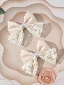 2个/套 精致蕾丝撞色蝴蝶结发夹 青少年 - 杏色 - 查看 2