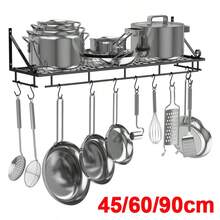 Kitchen Hanging Pot Pan Rack Wall Mount Storage Shelf Saucepan Holder With 10 Hooks - Black - View 1