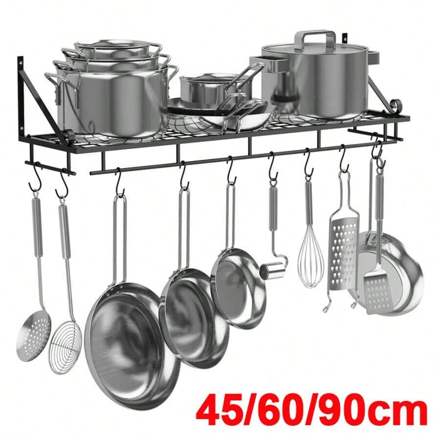 Kitchen Hanging Pot Pan Rack Wall Mount Storage Shelf Saucepan Holder With 10 Hooks - Black - View 1