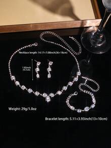 4-Piece Jewelry Set: Sparkling Zirconia Necklace, Luxurious Zirconia Bracelet, Charming Zirconia Earrings, Suitable For Weddings, Parties, Banquets, Bridal Photography, And Gift Giving. - Silver - View 5