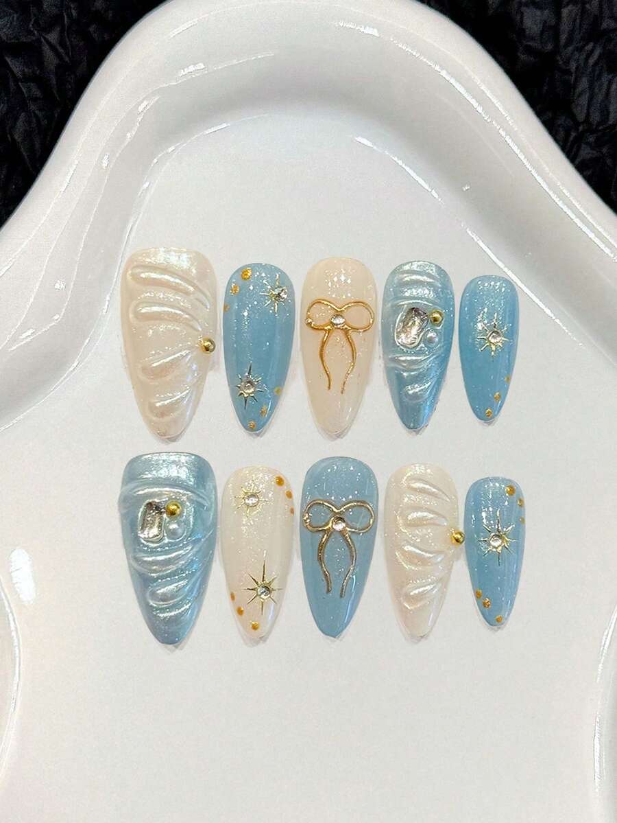 10片杏仁形美甲贴片，带闪亮水钻和亮片装饰，适合搭配辣妹连衣裙的美甲用品 - 彩色 - 查看 1