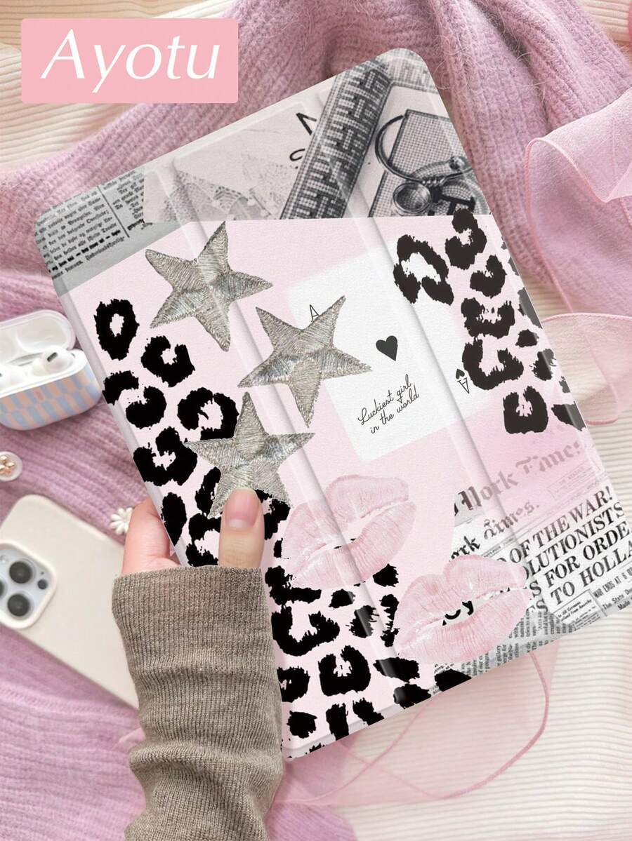 Ayotu 1件豹纹嘴唇星空图案平板电脑保护套和Kindle电子书保护套，兼容第10代、11代/Air 4代/Air 7代/9.7英寸，兼容三星Galaxy Tab A9 Plus、Kindle（第11代-2024年发布）（6英寸）、Kindle Paperwhite第12代（2024年发布），绝佳节日礼物，时尚简约图案。