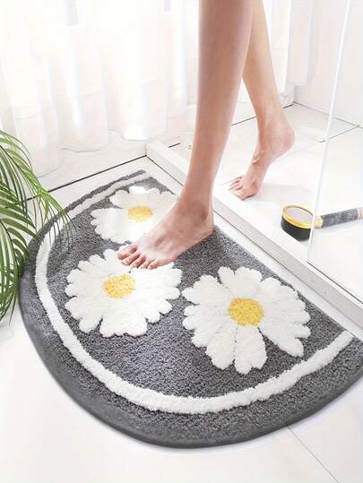 1pc Half-Circle Faux Wool Bathroom Mat, Daisy Pattern, Soft & Fluffy, Machine Washable, Suitable For Bedroom, Highly Absorbent & Anti-Slip, Applicable For Bathroom Floor, Bathtub, Bedroom And Entryway