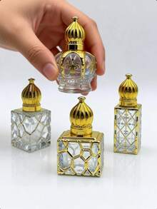 Botella de bola rodante con grabado dorado, diseño de estilo de Oriente Medio - Botella de perfume/aceite esencial de lujo portátil, recargable y a prueba de fugas - Dorado - Ver 5