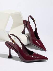 2026 New Non-Fatiguing Red Sole Cloth Women's High Heel Pumps, Thin Heel, Pointed Toe, Asymmetric Heel, Elastic Back Closed Toe Sandals - Burgundy - View 7