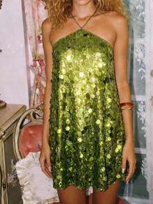 新款夏季清爽飘逸绿色亮片连衣裙，优雅露背系带度假连衣裙，适合夏季假期、生日、派对、夜店等场合。 - 綠色 - 查看 5