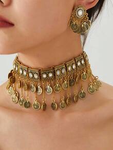 波西米亚风绿松石合金硬币流苏项链，复古夸张项链耳环套装，适合宴会、派对、节日等场合佩戴 - 錢幣款 - 查看 7