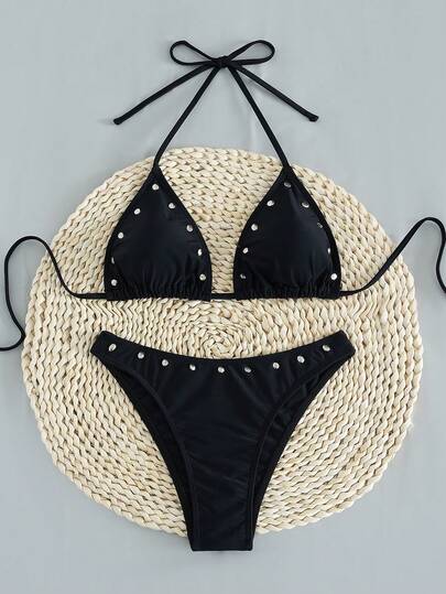 New Women's Swimwear Two-Piece Bikini Set, Solid Color Sexy Criss-Cross Back Tie Swimwear For Beach Vacation Black Summer