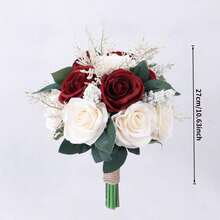 Burgundy And White Artificial Rose Bouquet, Suitable For Rustic Church Boho-Style Weddings Or As Table Decor, Also Can Be Used As A Tossing Bouquet