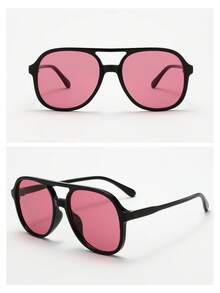 1pc Unisex Double Bridge Large Frame High Quality Minimalist Fashion Glasses, Suitable For Travel, Vacation, Casual, Party, And Daily Wear - Black Frame Red Film - View 5