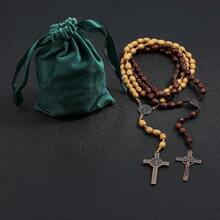 Rosary Beads Catholic For Women Handmade Wooden Catholic Rosay With Jes 1us Christ Crucifix Cross Real Healing Wooden Rosary Beads Yoga Meditation Prayer Bead Necklace - 咖哩 - 查看 8