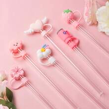 Cute & Playful Silicone Straw Lids, Dust-Proof, Leak-Proof, Anti-Choke Design, Suitable For Water Bottles, Tumblers, Travel Essentials - Pink - View 2