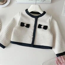 两件套女童秋冬套装，时尚蝴蝶结外套和纯色百褶裙 - 米色 - 查看 5
