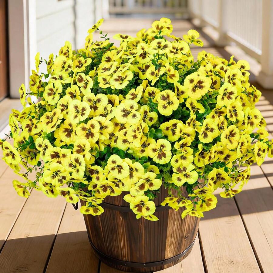 1 bông hoa pansy ba màu bằng lụa nhân tạo, thích hợp sử dụng ngoài trời, chất liệu nhựa chống tia UV, lý tưởng cho chậu cây ngoài trời, lối vào, hiên nhà, sân thượng, bệ cửa sổ và trang trí nhà cửa vào mùa xuân và mùa hè. - Màu vàng - Xem 1