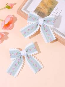 2pcs Flower Embroidery Hair Bows For Girls Pastel Pink Blue Green Embroidery Flower Bow Hair Clips Cute Pom-Pom Trim Bow Alligator Clips Girls Daily Wedding Party Barrettes Baby Hair Accessories - Multicolor - View 6