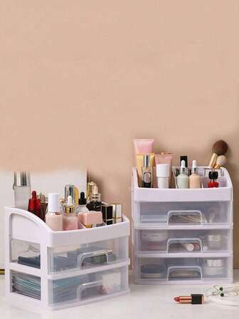 Organizador de maquillaje con estilo de cajón de gran capacidad, caja de almacenamiento de cosméticos de plástico, soporte para lápices labiales, organizador de suministros de oficina, joyero, adecuado para vacaciones, playa, baño, dormitorio, etc. (XL es de 3 niveles)