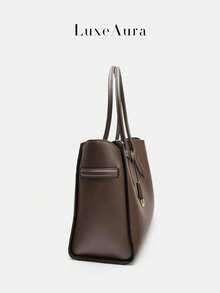 复古风女士手提包，新款大容量通勤OL办公公文包，高端百搭优雅单肩手提包，购物袋 - 巧克力棕 - 查看 6