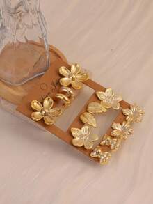 6 pares de pendientes hipoalergénicos de moda para mujeres en color dorado + Juego de anillos C, que incluye cinco diseños: hoja de ciruelo, flor de huevo, fuegos artificiales, hoja de la suerte, oso, y anillos de pendientes de 2.1C. Adecuado para que las mujeres lo usen durante todo el año, es el mejor regalo para novias y familiares. - Dorado - View 3