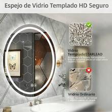 Espejo de baño táctil inteligente circular con espejo de luz circular led, 60 x 60 cm, con función antiniebla inteligente y botón táctil inteligente y pantalla de tiempo, tres temperaturas de color ajustadas libremente, espejo de maquillaje montado en la pared, vertical y horizontal, adecuado para duchas, guardarropa, tocador - Blanco - Ver 8