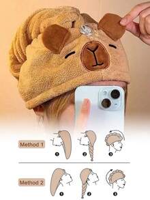 1 件装，女士超细纤维干发巾，扭结式干发巾，超细纤维干发巾，水豚造型干发帽，速干干发巾，吸水性强，毛绒干发帽，可爱动物头巾装饰，情人节，新年，冬季水疗