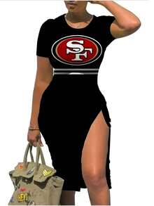 San- Francisco 49ers Sexy Womens Short Sleeve Bodycon Midi Dress With Slit Ruch-3 - Multicolor - View 1