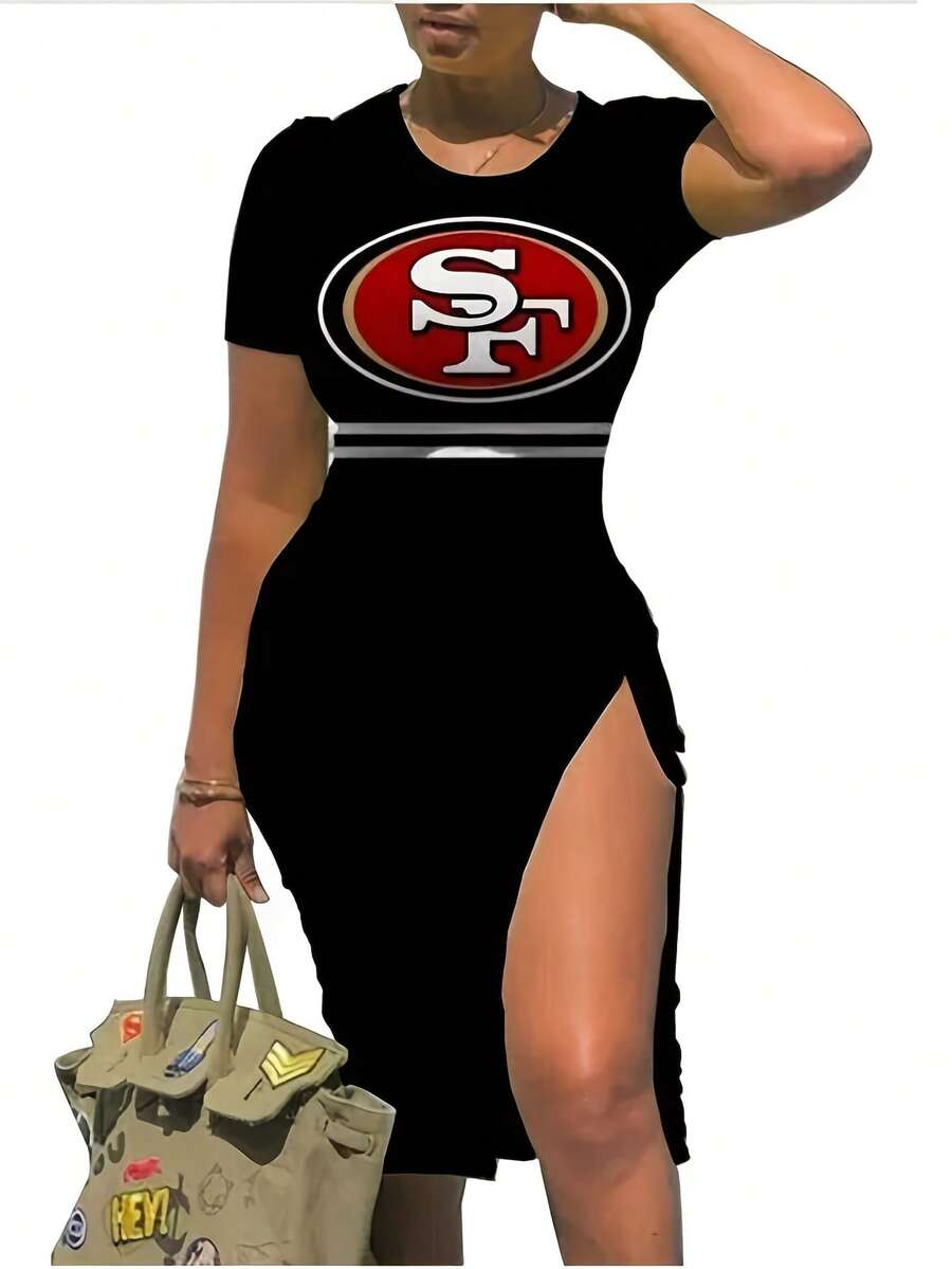 San- Francisco 49ers Sexy Womens Short Sleeve Bodycon Midi Dress With Slit Ruch-3 - Multicolor - View 1
