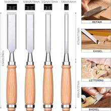 Juego de 4 Cinceles de Madera (1/4", 1/2", 3/4", 1"), Cinceles de Acero de Aleación de Cromo con Borde Biselado, Cinceles de Madera para Trabajos en Madera, Mango de Madera Dura Ergonómico con Virola de Metal - Multicolor - Ver 3