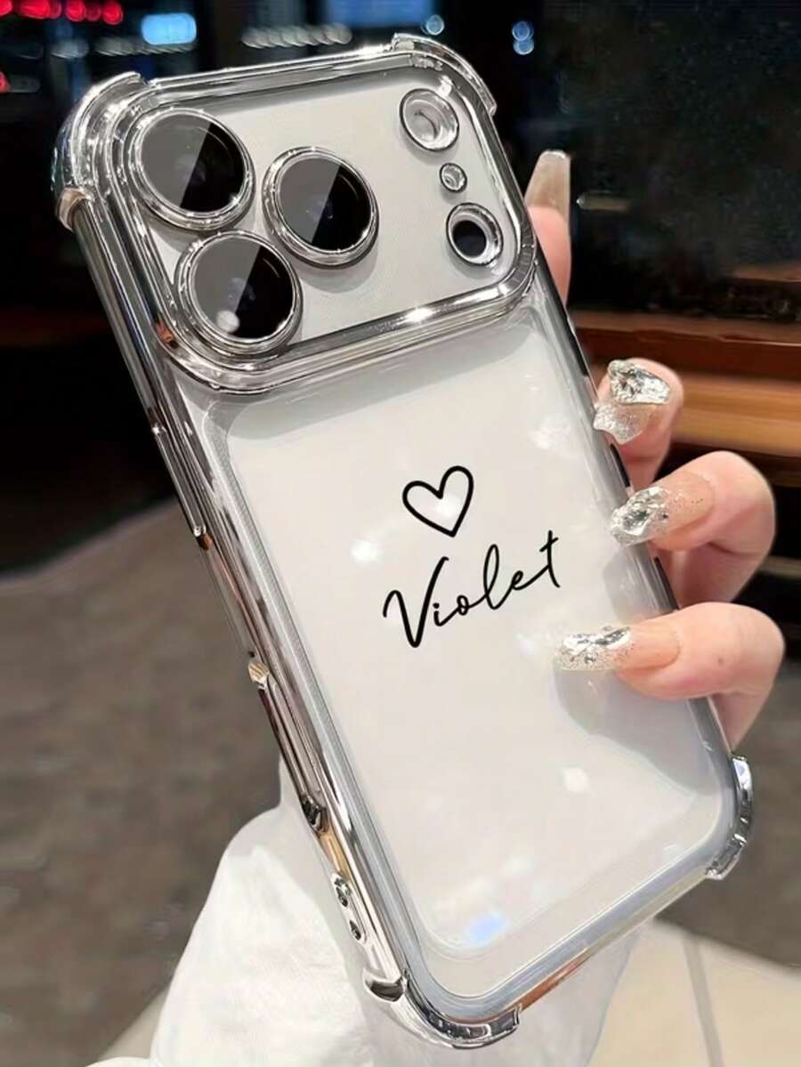 1pc Customizable Personalized Name Signature Heart Full Coverage TPU Phone Case, Compatible With Samsung Galaxy S25, S24, S23, S22, S21, S20 Ultra Plus, A56, A55, A54, A53, A52, A35, A34, A16, A15, A14, A13, Compatible With IPhone 11/11 Pro/11 Pro Max, 12/12 Pro/12 Pro Max, 13/13 Pro/13 Pro Max, 14/14 Pro/14 Pro Max, 15/15 Pro/15 Pro Max, 16/16 Pro/16 Pro Max, 16E, Personalized Name & Heart Design, Great For Valentine's Day Couples - Silver - View 1