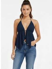 CROPPED BATA CORTININHA FRENTE  UNICA FEMININA /ALÇA  E AMARRAÇAO NAS COSTAS  Tecido de malha    Costas nuas / sem costas  Cordão    Noite - Azul Marinho - Visão 3