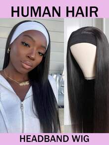 180% Density Human Hair Straight Headband Wig, Glueless Straight Hair Wig For Women, Instant Wear, Hand-Tied Human Hair Wig, Natural Black