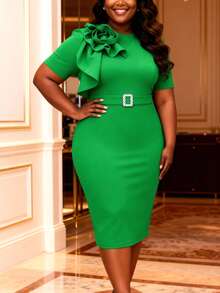 Plus Size Green Fitted Dress, Dignified Short Sleeve, 3D Floral Ruffle Trim Buttons, Elegant Birthday Spring Dress, Party Gown, Wedding Guest Dress - Green - View 10