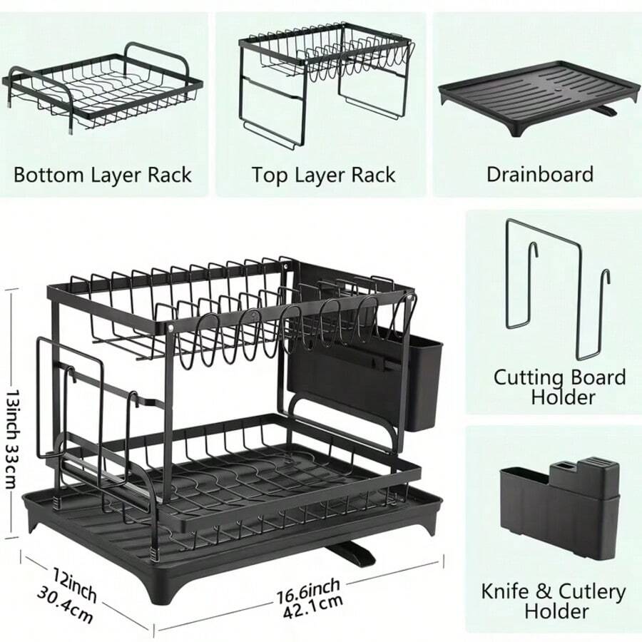 2026 Extra Large Dish Drying RackCutlery Holder & Auto-Draining System - Heavy-Duty Dish Drainer, Space-Saving Dish Rack With 360° Rotating Spout & Non-Slip Feet, Fits Over Sink Or Cabinet, Holds 10 Plates, 6 Bowls, 6  Spoons/Forks - 黑色 - 查看 1
