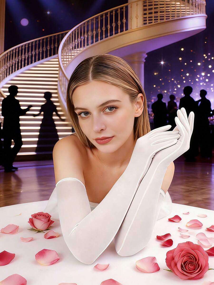 1双性感优雅女士超薄黑色长筒袜，夏季骑行防晒手套，弹力蕾丝网眼手套 - 白色 - 查看 1