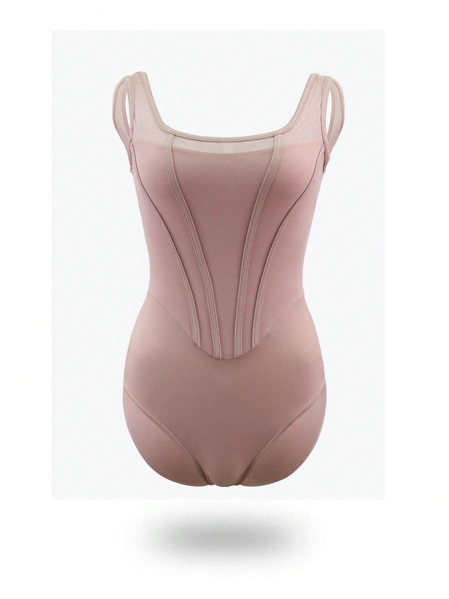 balletto 成人体操服，高衩紧身弹力网眼拼接鱼骨纹连体衣（女款） - 粉色 - 查看 1