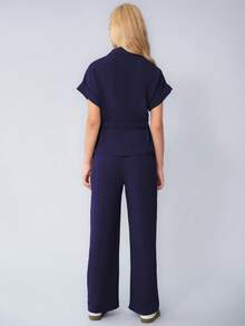 KATCH ME Women's Versatile Collared Rolled-Up Short Sleeve Top & Wide Leg Trousers Co-Ord, Soft Womenswear For Spring & Summer - Navy - View 2