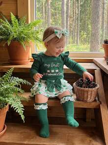 Conjunto de traje de festival irlandés para niñas pequeñas, mono de manga larga con cuello redondo, bordado de letras y trébol, diadema, falda corta con volantes y calcetines - Verde - Ver 8