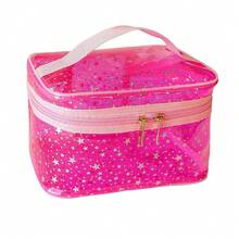 Star Print Pink PVC Makeup Bag With Handle - 8.66 * 5.51 * 5.51 Inch,Clear Storage Bag Toiletry Pocket Portable Zippered Pouch Waterproof Cosmetic Organizer Bags For Women (Pink-L) - 粉紅色-L - 查看 1