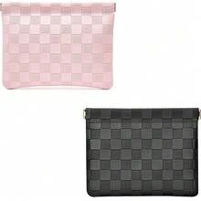 Leather Pocket Cosmetic Bag For Purse,Coin Purse Lipstick Cosmetic Accessories Organizer, Travel Kit Storage Pouch,Waterproof Portable No Zipper Se--Closing (Black+Pink) - 黑色+粉紅色 - 查看 2