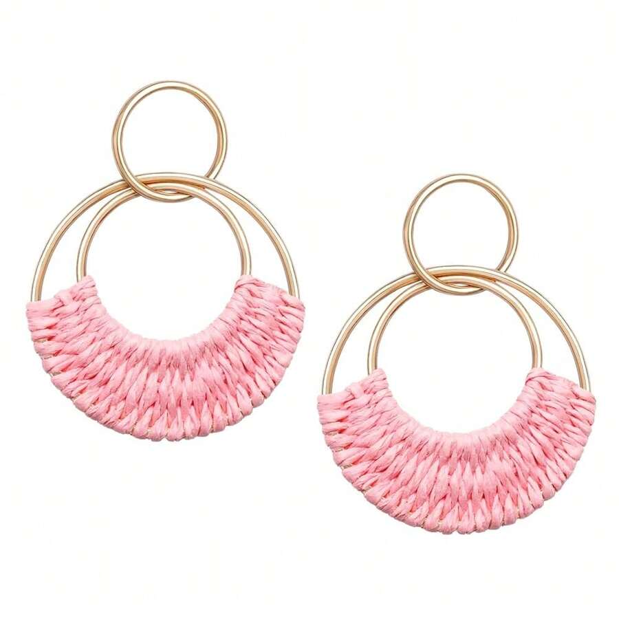 Raffia Hoop Earrings For Women Fun Boho Summer Beach Earrings Lightweight Handmade Straw Wicker Rattan Dangle Earrings Statement Geometric Round Drop Earrings - 粉紅色圓形 - 查看 1