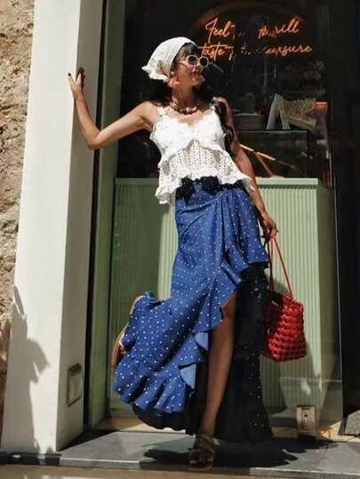 Solstice Apparel Navy Blue Polka Dot Irregular Ruffle Hem Maxi Skirt, High Waist Side Split Slim Fit Skirt, Boho Vacation Style, Perfect For Daily Commute, Outings & Dates, Spring Summer Versatile Bottoms