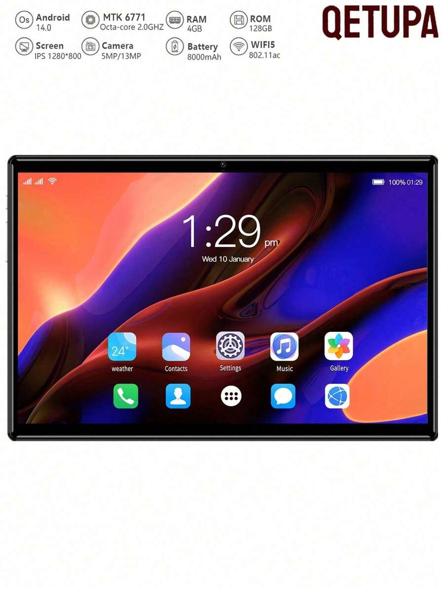Qetupa 10.1英寸 M9-3 安卓14平板电脑,4GB RAM+128GB ROM,MTK6771 八核 2.0GHz 处理器,1280x800 高清 IPS 触摸屏,500万像素前置摄像头和1300万像素后置摄像头,6000mAh 电池,支持 802.11ac WiFi5、蓝牙 5.4 和 GPS,无 SIM 卡槽,节日礼物 - 藍色 - 查看 1